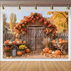 Lofaris Rustic Autumn Harvest Holiday Backdrop Wooden Shed with Pumpkins and Fall Leaves Photography Background for Seasonal Decor