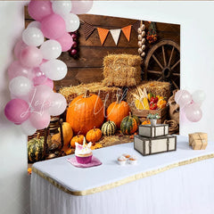 Lofaris Rustic Autumn Harvest Photography Backdrop with Pumpkins and Hay Wooden Farmhouse Background for Fall Festival Decor