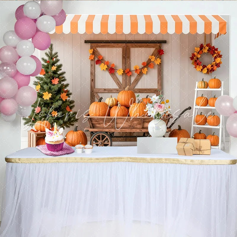 Lofaris Rustic Autumn Harvest Photography Backdrop with Pumpkins and Wooden Cart Fall Festival Background for Studio Photoshoot