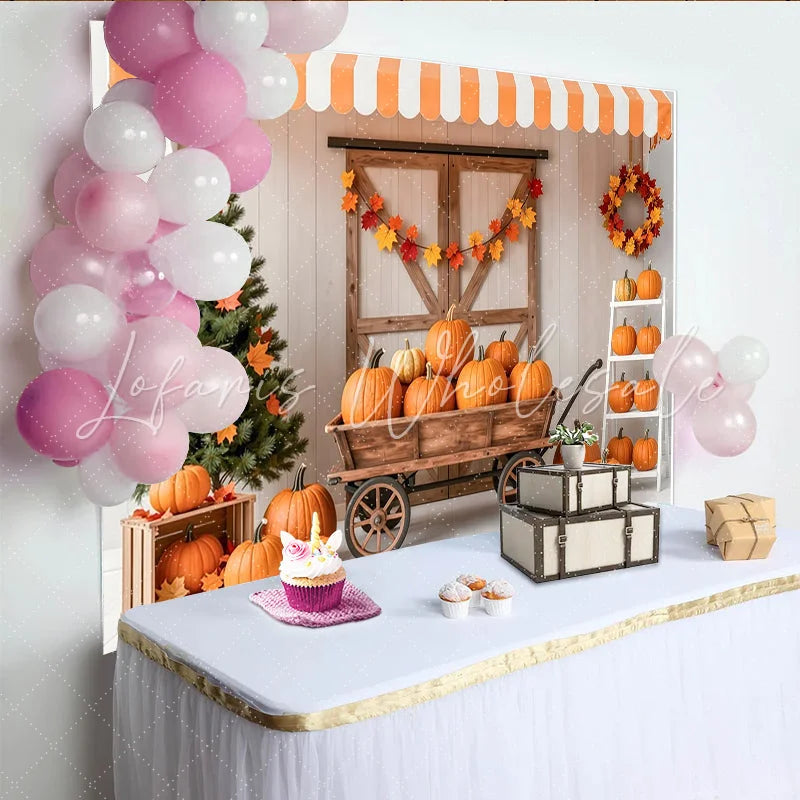 Lofaris Rustic Autumn Harvest Photography Backdrop with Pumpkins and Wooden Cart Fall Festival Background for Studio Photoshoot