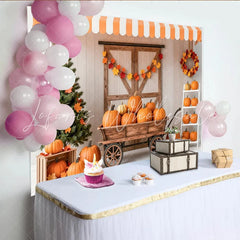 Lofaris Rustic Autumn Harvest Photography Backdrop with Pumpkins and Wooden Cart Fall Festival Background for Studio Photoshoot