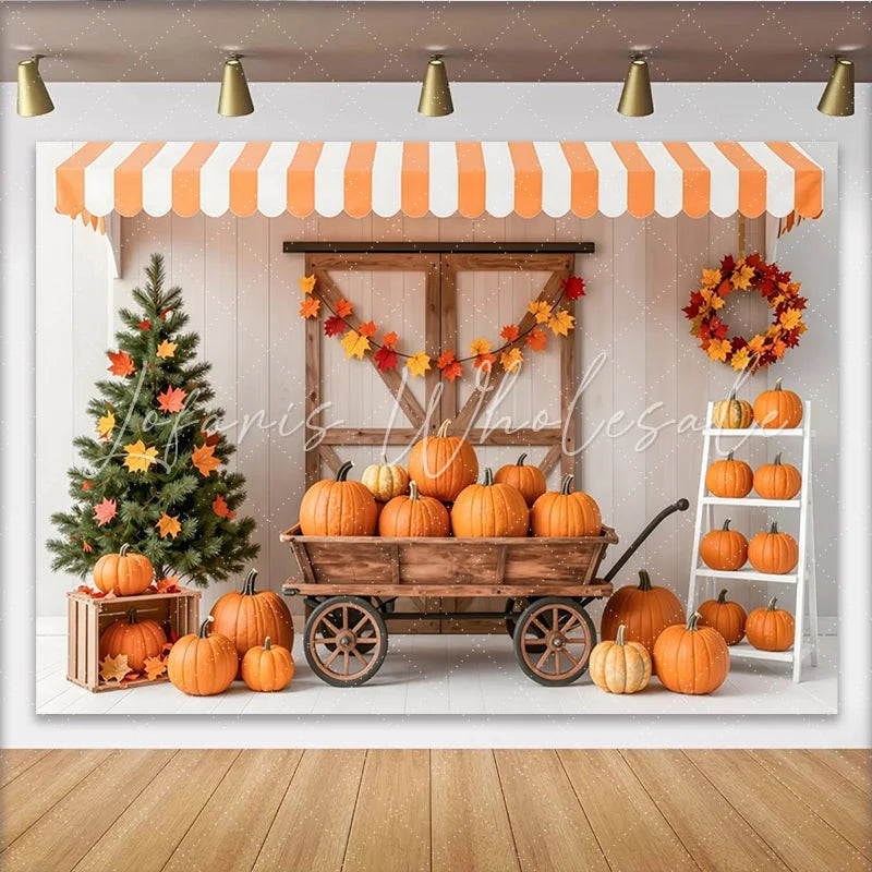 Lofaris Rustic Autumn Harvest Photography Backdrop with Pumpkins and Wooden Cart Fall Festival Background for Studio Photoshoot