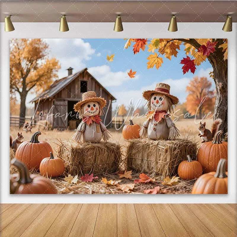 Lofaris Rustic Autumn Harvest Photography Backdrop with Scarecrows Pumpkins and Fall Leaves Barn Farm Background for Studio Photoshoot