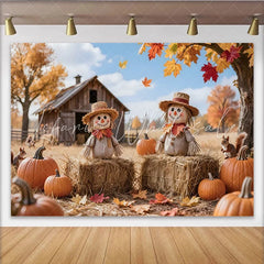 Lofaris Rustic Autumn Harvest Photography Backdrop with Scarecrows Pumpkins and Fall Leaves Barn Farm Background for Studio Photoshoot