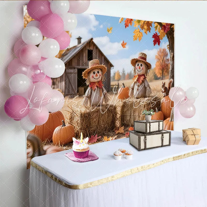 Lofaris Rustic Autumn Harvest Photography Backdrop with Scarecrows Pumpkins and Fall Leaves Barn Farm Background for Studio Photoshoot