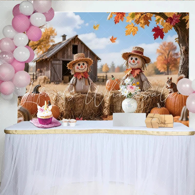 Lofaris Rustic Autumn Harvest Photography Backdrop with Scarecrows Pumpkins and Fall Leaves Barn Farm Background for Studio Photoshoot