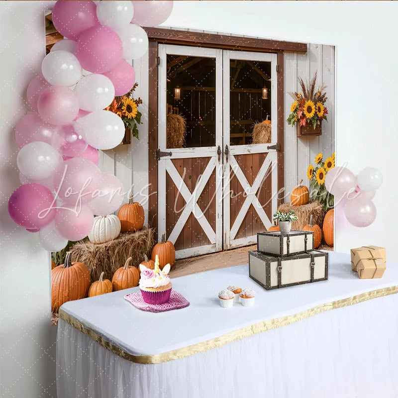 Lofaris Rustic Autumn Holiday Backdrop with Barn Door Pumpkins and Sunflowers Fall Harvest Photography Background for Seasonal Decor