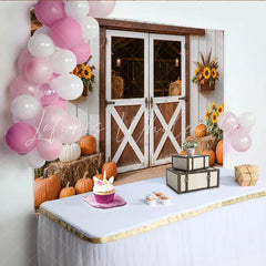 Lofaris Rustic Autumn Holiday Backdrop with Barn Door Pumpkins and Sunflowers Fall Harvest Photography Background for Seasonal Decor