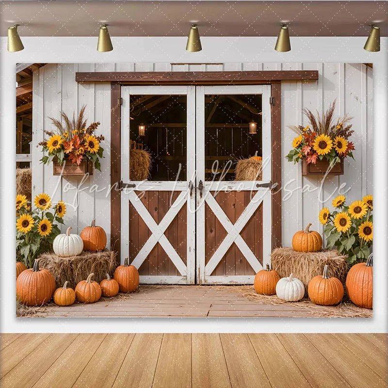 Lofaris Rustic Autumn Holiday Backdrop with Barn Door Pumpkins and Sunflowers Fall Harvest Photography Background for Seasonal Decor