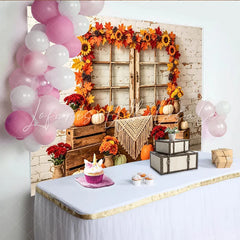 Lofaris Rustic Autumn Holiday Backdrop with Distressed Window Maple Leaves and Pumpkins Cozy Fall Harvest for Thanksgiving Party Decor