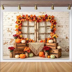 Lofaris Rustic Autumn Holiday Backdrop with Distressed Window Maple Leaves and Pumpkins Cozy Fall Harvest for Thanksgiving Party Decor