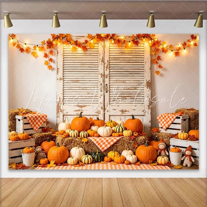 Lofaris Rustic Autumn Holiday Backdrop with Pumpkins and Hay Bales Distressed Wood Shutters Photography Background for Fall Studio