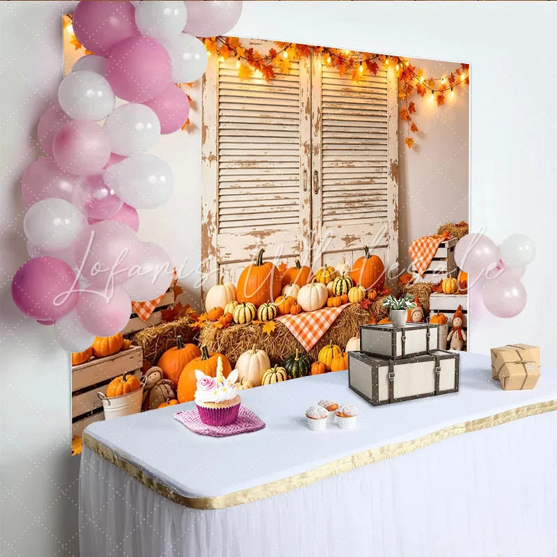 Lofaris Rustic Autumn Holiday Backdrop with Pumpkins and Hay Bales Distressed Wood Shutters Photography Background for Fall Studio