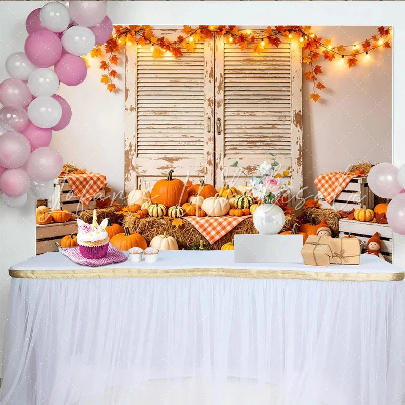 Lofaris Rustic Autumn Holiday Backdrop with Pumpkins and Hay Bales Distressed Wood Shutters Photography Background for Fall Studio