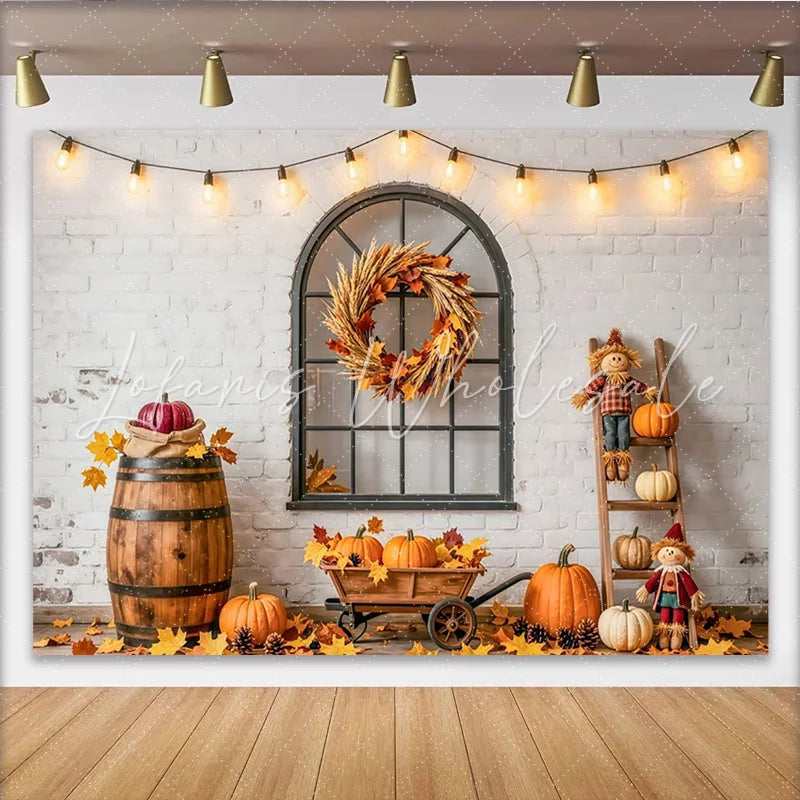 Lofaris Rustic Autumn Holiday Backdrop with Pumpkins Fall Leaves and Scarecrows Farmhouse Photography Background for Thanksgiving Party