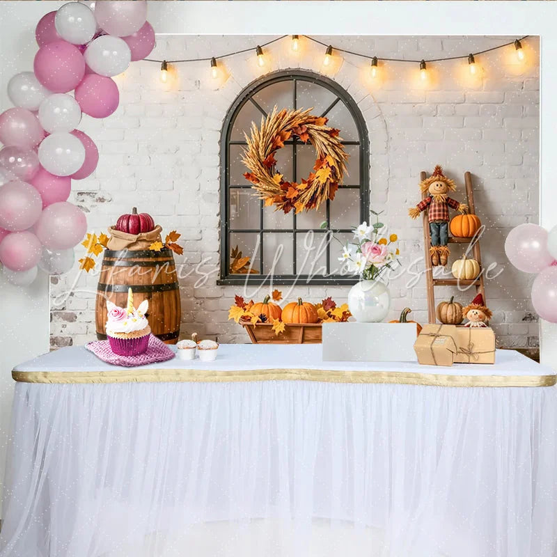 Lofaris Rustic Autumn Holiday Backdrop with Pumpkins Fall Leaves and Scarecrows Farmhouse Photography Background for Thanksgiving Party