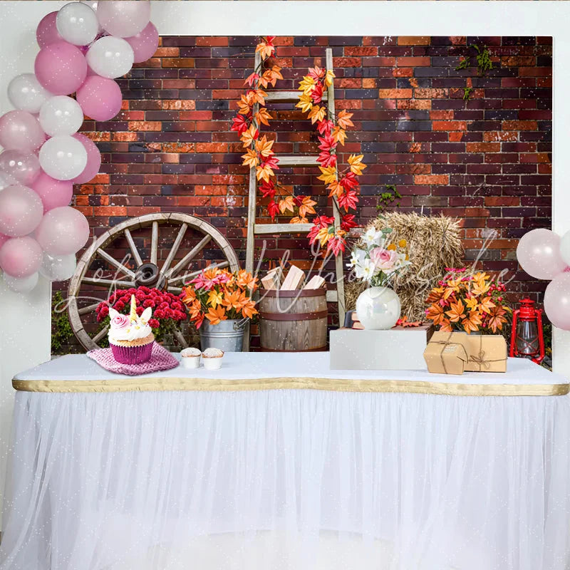 Lofaris Rustic Autumn Photography Backdrop with Brick Wall and Fall Leaves Vintage Farmhouse Background for Seasonal Photoshoot