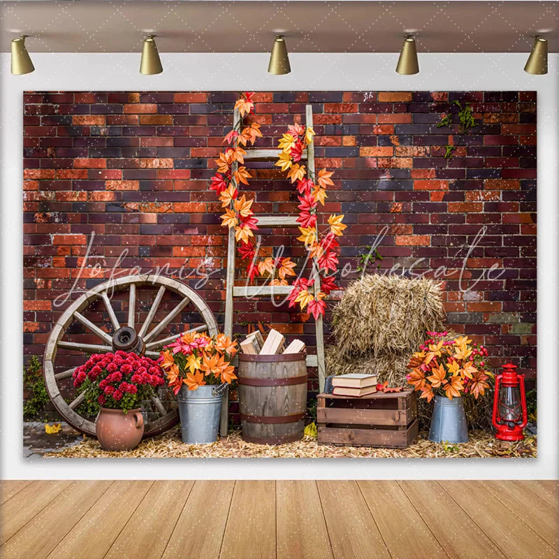 Lofaris Rustic Autumn Photography Backdrop with Brick Wall and Fall Leaves Vintage Farmhouse Background for Seasonal Photoshoot