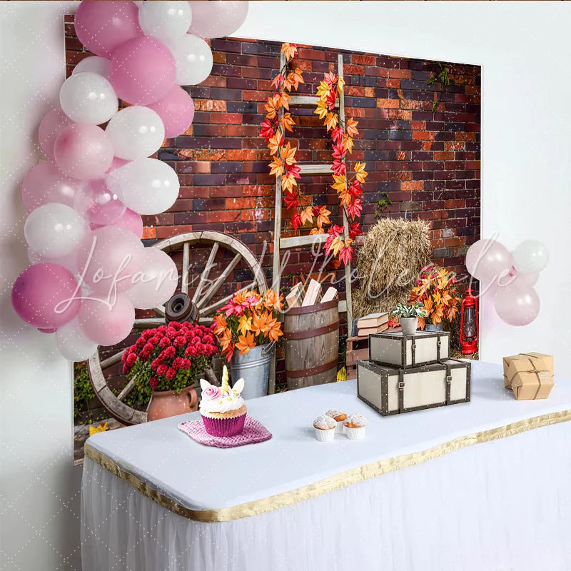 Lofaris Rustic Autumn Photography Backdrop with Brick Wall and Fall Leaves Vintage Farmhouse Background for Seasonal Photoshoot
