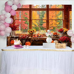Lofaris Rustic Autumn Photography Backdrop with Fall Leaves Pumpkins and Sunflowers Cozy Cabin Window Background for Seasonal Photoshoot