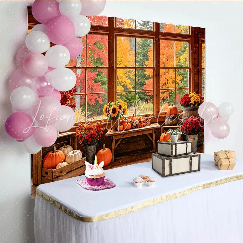 Lofaris Rustic Autumn Photography Backdrop with Fall Leaves Pumpkins and Sunflowers Cozy Cabin Window Background for Seasonal Photoshoot