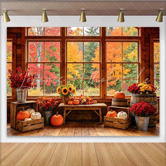 Lofaris Rustic Autumn Photography Backdrop with Fall Leaves Pumpkins and Sunflowers Cozy Cabin Window Background for Seasonal Photoshoot