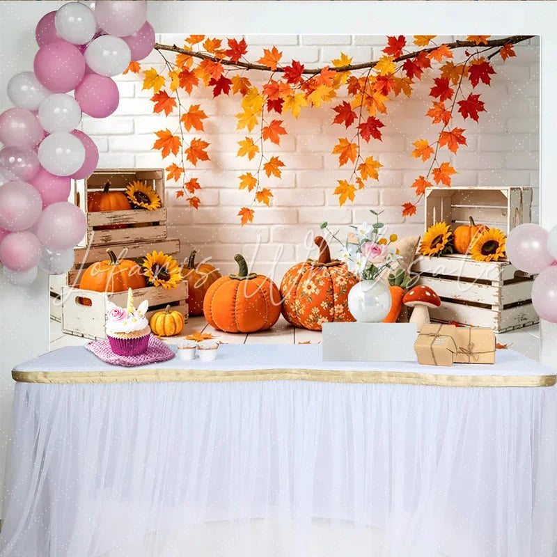Lofaris Rustic Autumn Photography Backdrop with Maple Leaves and Pumpkins White Brick Wall Studio Background for Fall Photoshoot