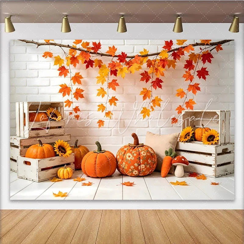 Lofaris Rustic Autumn Photography Backdrop with Maple Leaves and Pumpkins White Brick Wall Studio Background for Fall Photoshoot