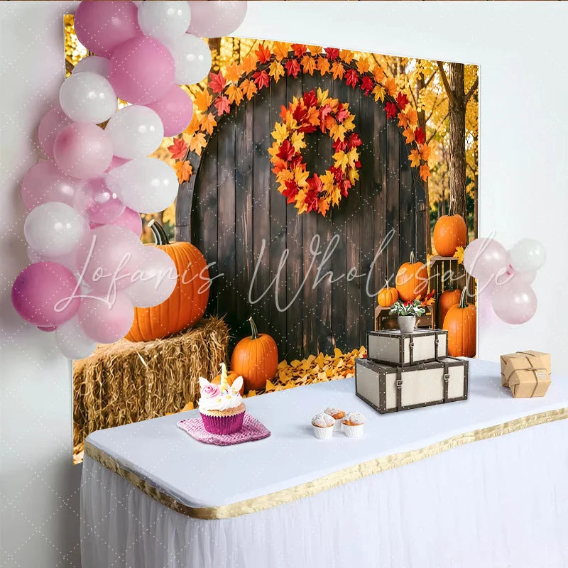 Lofaris Rustic Autumn Photography Backdrop with Pumpkins and Fall Leaves Wooden Barn Door Background for Studio Photoshoot