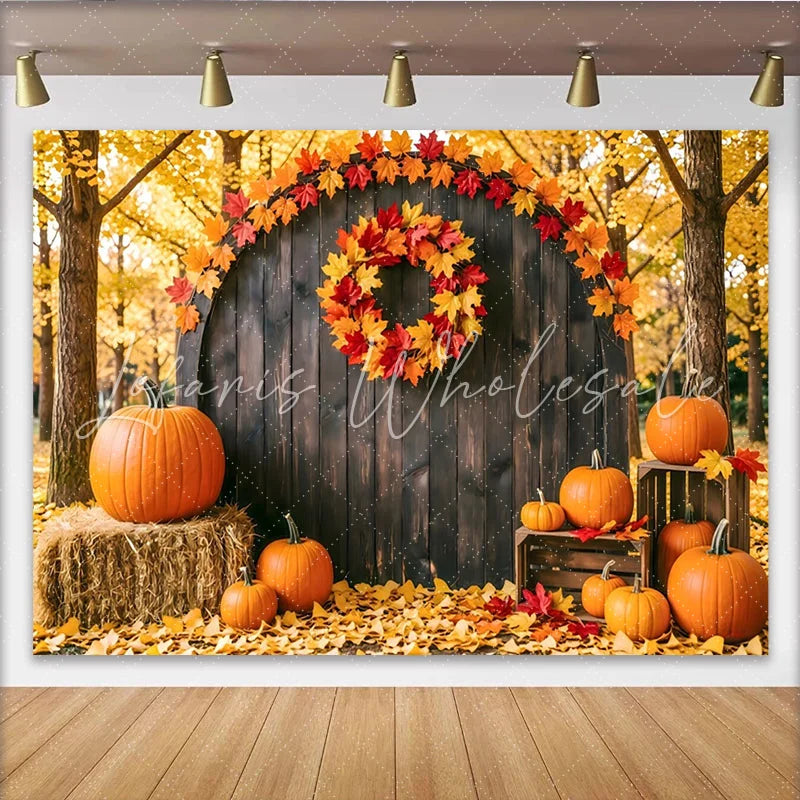 Lofaris Rustic Autumn Photography Backdrop with Pumpkins and Fall Leaves Wooden Barn Door Background for Studio Photoshoot