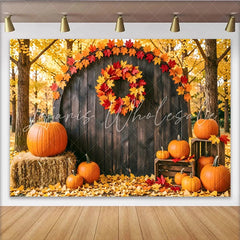 Lofaris Rustic Autumn Photography Backdrop with Pumpkins and Fall Leaves Wooden Barn Door Background for Studio Photoshoot
