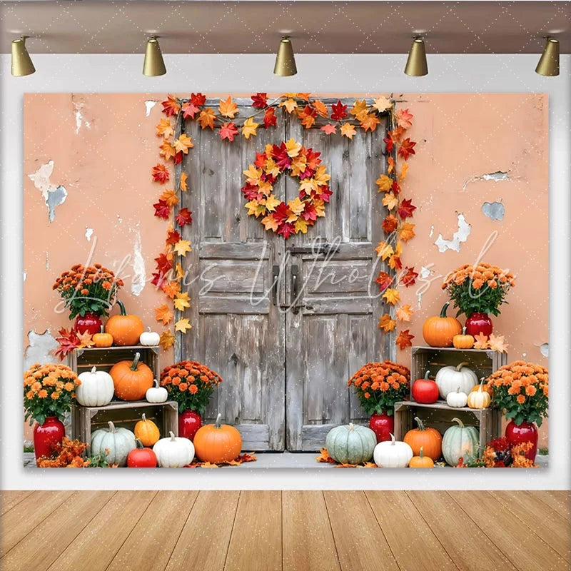 Lofaris Rustic Autumn Photography Backdrop with Pumpkins and Leaves Old Wooden Door Background for Seasonal Portraits