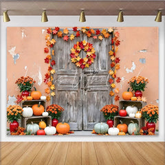 Lofaris Rustic Autumn Photography Backdrop with Pumpkins and Leaves Old Wooden Door Background for Seasonal Portraits