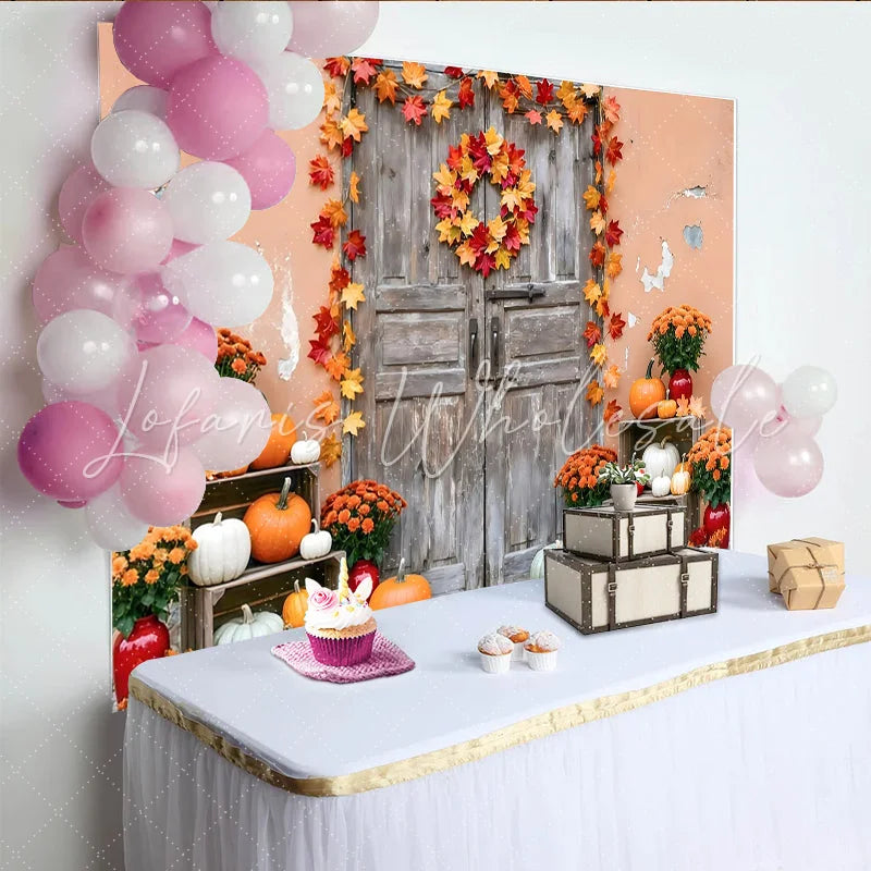 Lofaris Rustic Autumn Photography Backdrop with Pumpkins and Leaves Old Wooden Door Background for Seasonal Portraits