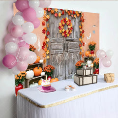 Lofaris Rustic Autumn Photography Backdrop with Pumpkins and Leaves Old Wooden Door Background for Seasonal Portraits
