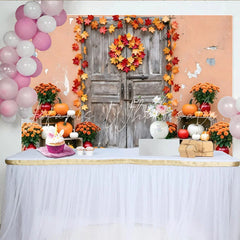 Lofaris Rustic Autumn Photography Backdrop with Pumpkins and Leaves Old Wooden Door Background for Seasonal Portraits