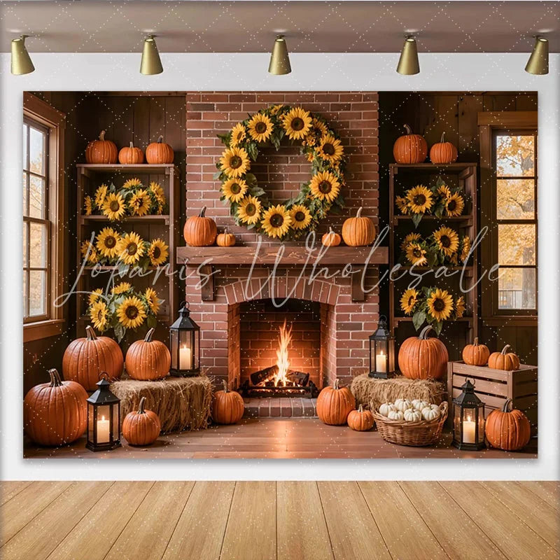 Lofaris Rustic Autumn Photography Backdrop with Pumpkins and Sunflowers Cozy Fireplace Background for Fall Harvest Photoshoot