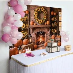 Lofaris Rustic Autumn Photography Backdrop with Pumpkins and Sunflowers Cozy Fireplace Background for Fall Harvest Photoshoot