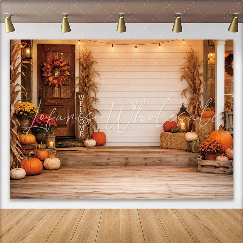 Lofaris Rustic Autumn Porch Backdrop with Pumpkins and Hay Bales Fall Harvest Photography Background for Thanksgiving Decor