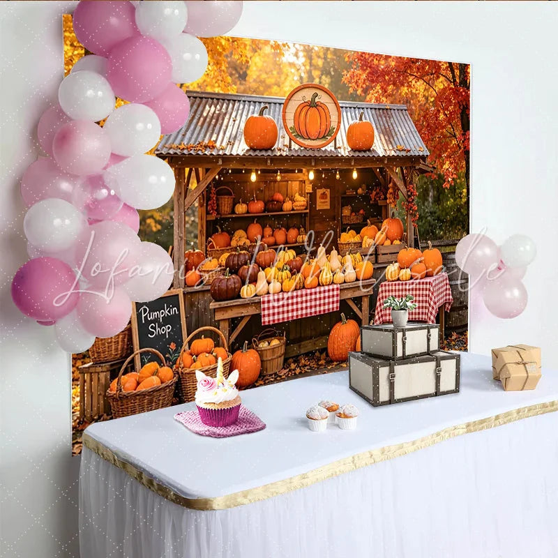 Lofaris Rustic Autumn Pumpkin Patch Backdrop with Fall Leaves and Shop Vibrant Harvest Background for Thanksgiving or Halloween Party