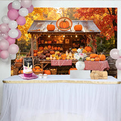 Lofaris Rustic Autumn Pumpkin Patch Backdrop with Fall Leaves and Shop Vibrant Harvest Background for Thanksgiving or Halloween Party