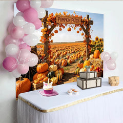 Lofaris Rustic Autumn Pumpkin Patch Backdrop with Wooden Arch and Sunflowers Vibrant Fall Harvest Background for Thanksgiving Party Decor