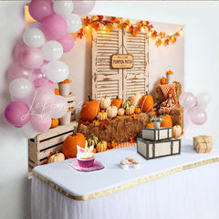 Lofaris Rustic Autumn Pumpkin Patch Holiday Backdrop with Hay Bales and Colorful Pumpkins Fall Harvest for Seasonal Decor