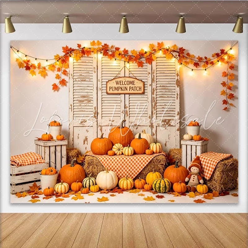 Lofaris Rustic Autumn Pumpkin Patch Photography Backdrop Distressed Wood Shutters Hay Bales and String Lights for Fall Decor