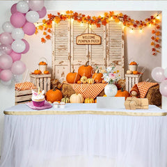 Lofaris Rustic Autumn Pumpkin Patch Photography Backdrop Distressed Wood Shutters Hay Bales and String Lights for Fall Decor