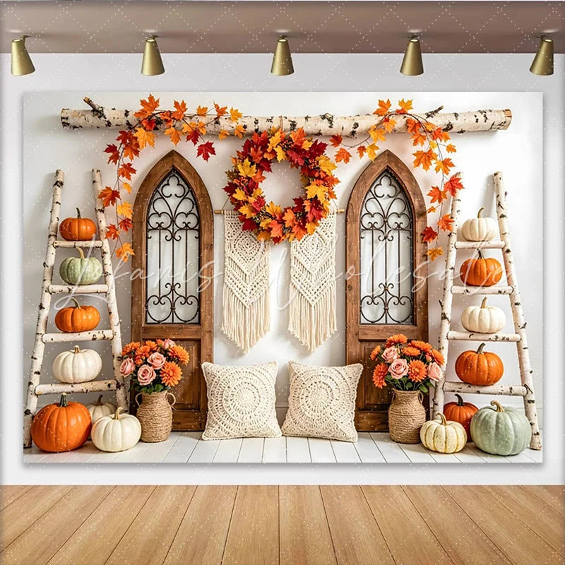 Lofaris Rustic Autumn Thanksgiving Backdrop with Pumpkins and Fall Leaves Farmhouse Style Photo Background for Fall Harvest Party Decor