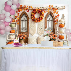 Lofaris Rustic Autumn Thanksgiving Backdrop with Pumpkins and Fall Leaves Farmhouse Style Photo Background for Fall Harvest Party Decor