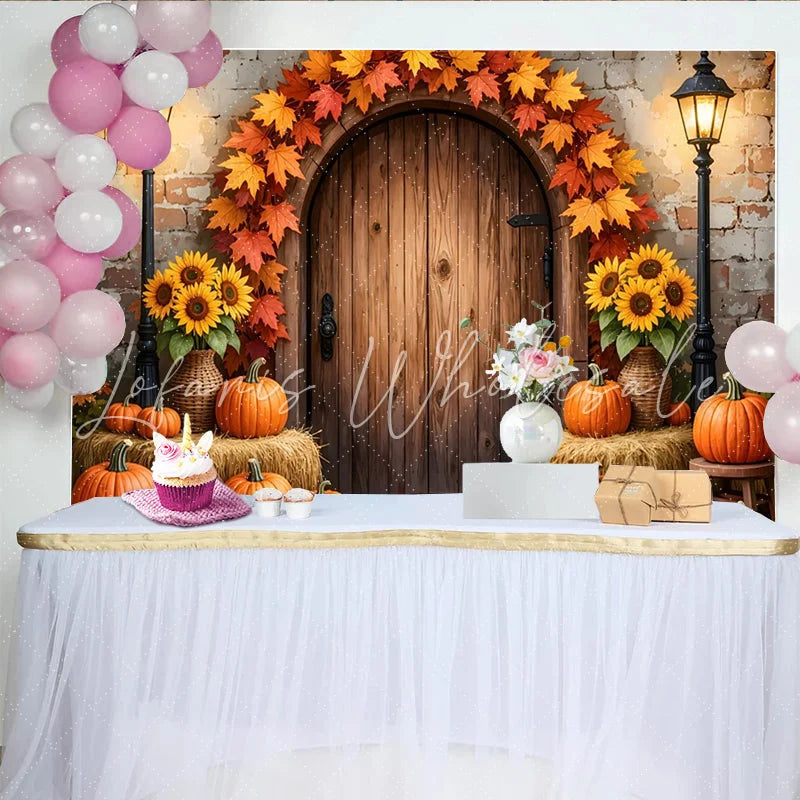 Lofaris Rustic Autumn Thanksgiving Backdrop with Pumpkins and Maple Leaves Wooden Door Fall Harvest Photography Background Decor