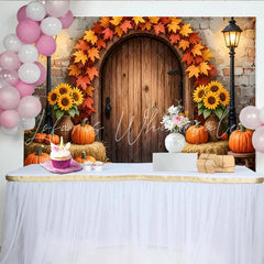 Lofaris Rustic Autumn Thanksgiving Backdrop with Pumpkins and Maple Leaves Wooden Door Fall Harvest Photography Background Decor