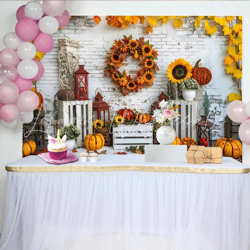 Lofaris Rustic Autumn Thanksgiving Backdrop with Pumpkins and Sunflowers White Brick Wall Photography Background for Harvest Decor